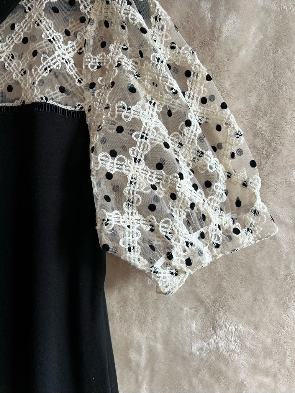 Kaily K Black White Lace Polka Dot Peter Pan Collar Puff Sleeve Top Medium Chic - Picture 4 of 9